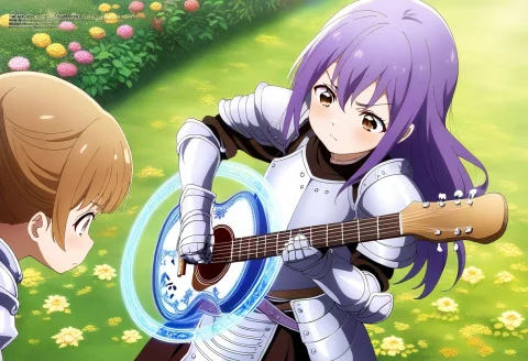 Knight Guitarists in Magic Garden Free — Stable Diffusion AI Prompt: masterpiece, best quality, amazing quality, 2girls, long hair, purple hair, brow...