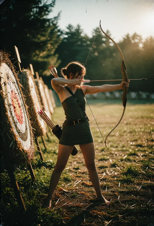 A Focused Shot At An Outdoor Archery Range At Golden Hour, S...
