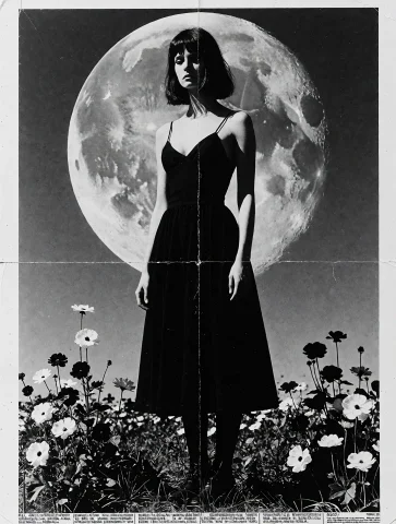 Surreal Woman in Black Dress — Stable Diffusion AI Prompt: h3reticpress, woman, black dress, moon, flowers, full body, surreal scene, engli...