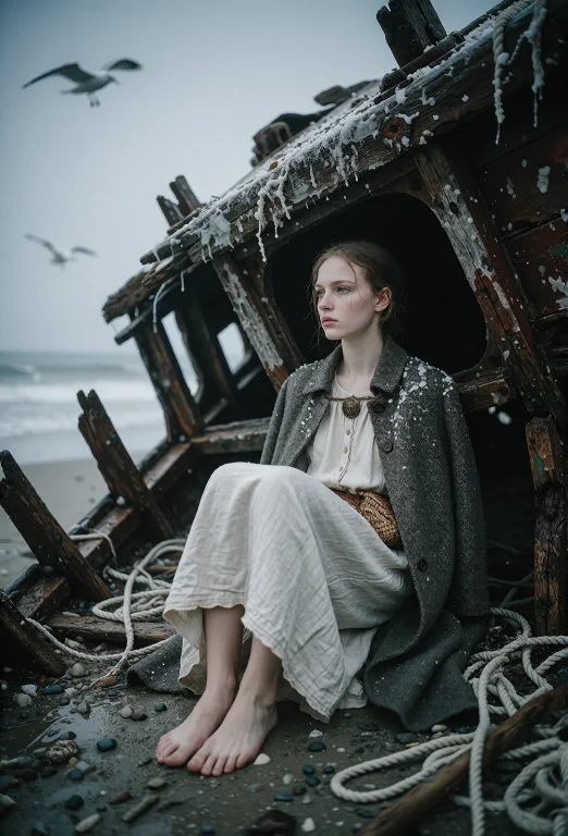 A Desolate, Salt-worn Fashion Editorial Shot Of A Young Beau...