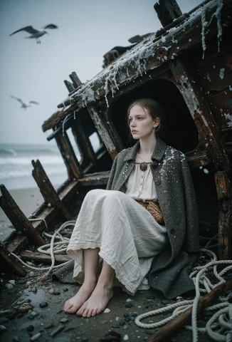 A Desolate, Salt-worn Fashion Editorial Shot Of A Young Beau... — Stable Diffusion AI Prompt: A desolate, salt-worn fashion editorial shot of a young beautiful woman, slender...