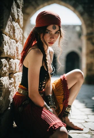 A Dramatic Close-up Shot Of A Young Beautiful Gypsy Woman, S... — Stable Diffusion AI Prompt: A dramatic close-up shot of a young beautiful gypsy woman, slender and athletic...