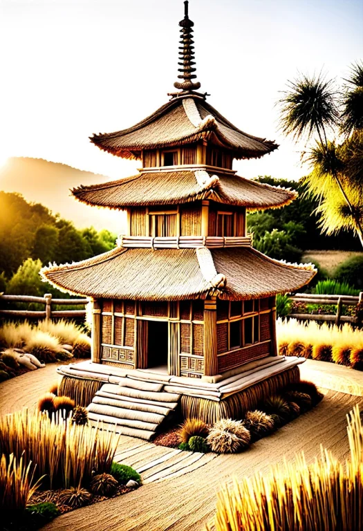 A Multi-tiered Oriental Pagoda Handcrafted From Tied Straw S...