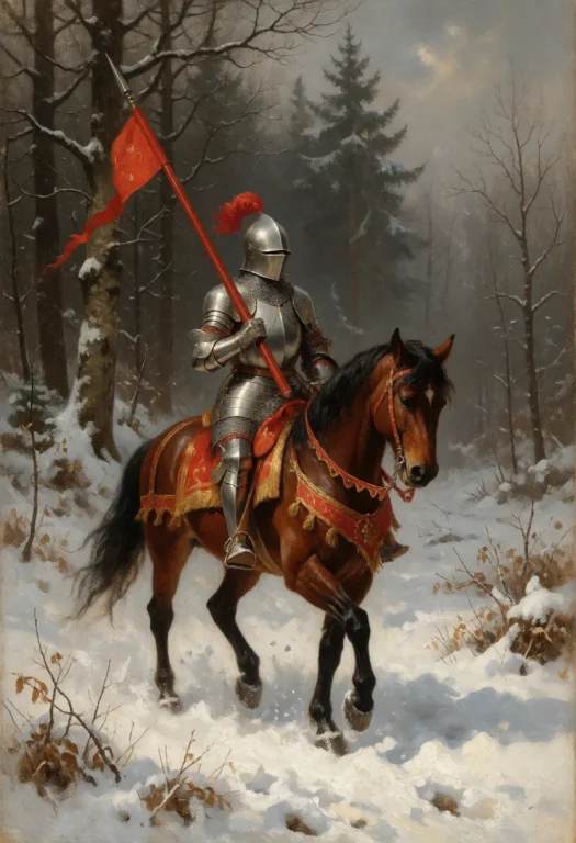 A Mounted Knight In Full Armor Carrying A Lance, Riding Thro...