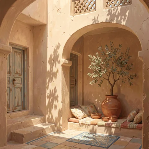 Bradhamel Art Style.a Serene, Sunlit Courtyard Of A Traditio... — FLUX AI Prompt: Bradhamel art style.A serene, sunlit courtyard of a traditional Middle Eastern m...