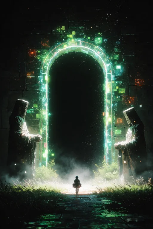 Tiny Robotic Figure Approaching An Enormous Circular Arch Gr...