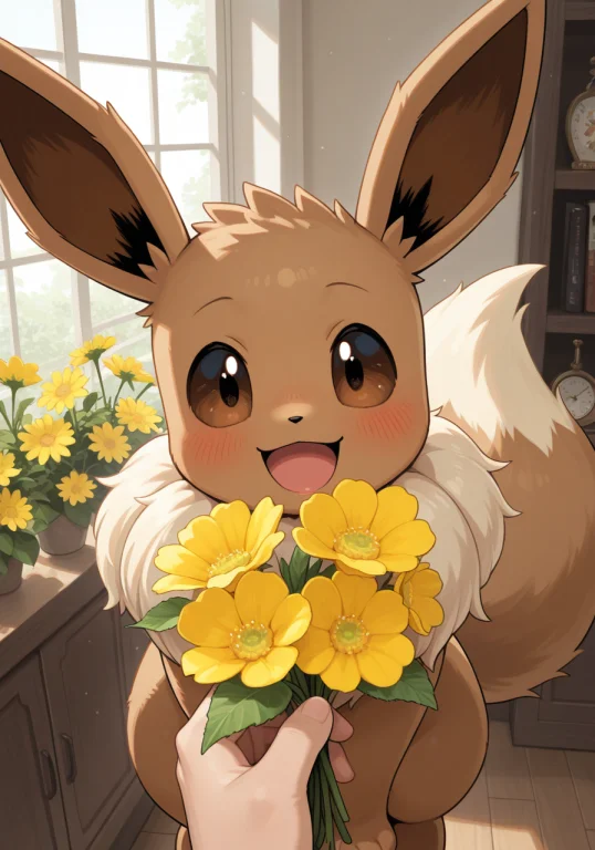 Eevee, Pokemon,happy, Home, Pov Human, Bunch Of Flowers, Yel...