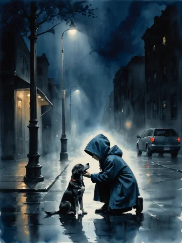 An Ink Wash Painting. A Young Child Kneeling On The Ground B... — SDXL AI Prompt: An ink wash painting. A young child kneeling on the ground beside his dog, in th...