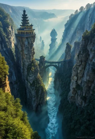 Towers Ringed In Mist, Sunrays, Mixed Media, Surrealism, Fan... — SDXL AI Prompt: towers ringed in mist, sunrays, mixed media, surrealism, fantasy, great lighting...