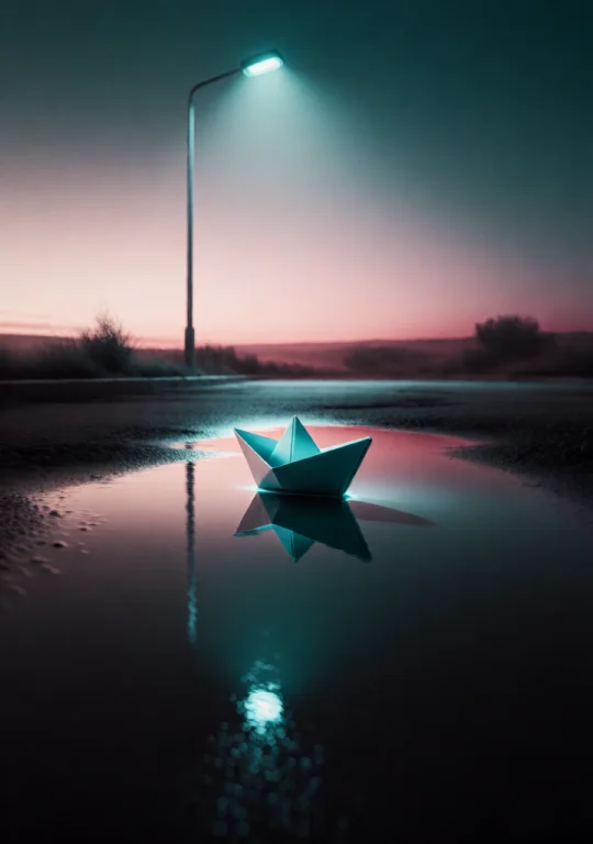 A Paper Boat Floating In A Puddle On Empty Asphalt With One...