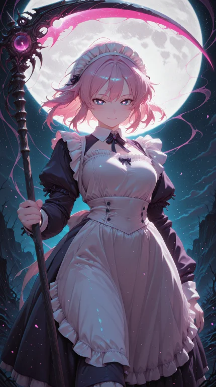 1girl, Glowing Scythe, Full Moon, Mist, Ethereal, Dark Fanta...