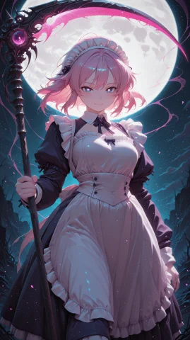 1girl, Glowing Scythe, Full Moon, Mist, Ethereal, Dark Fanta... — Stable Diffusion AI Prompt: 1girl, glowing scythe, full moon, mist, ethereal, dark fantasy, dramatic lightin...