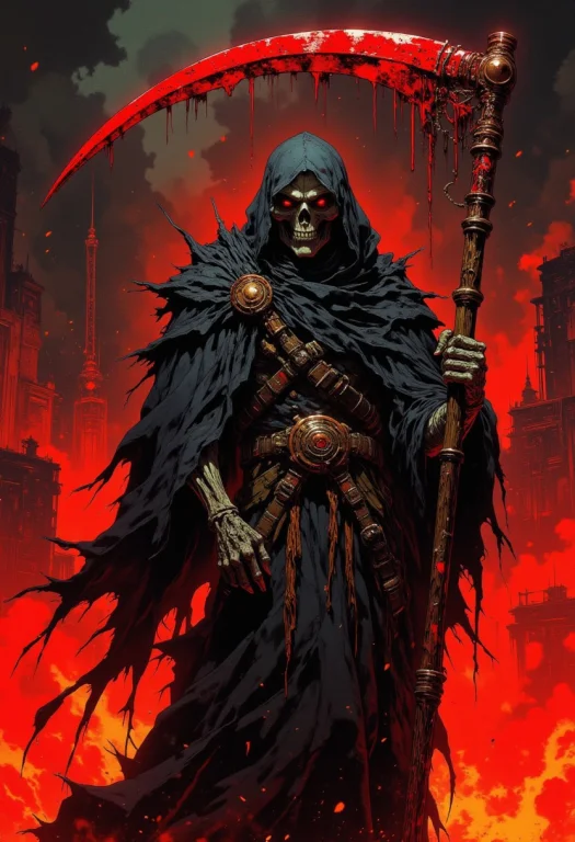 Death Incarnate In A Long Black Robe. Skeletal Face. Boney H...