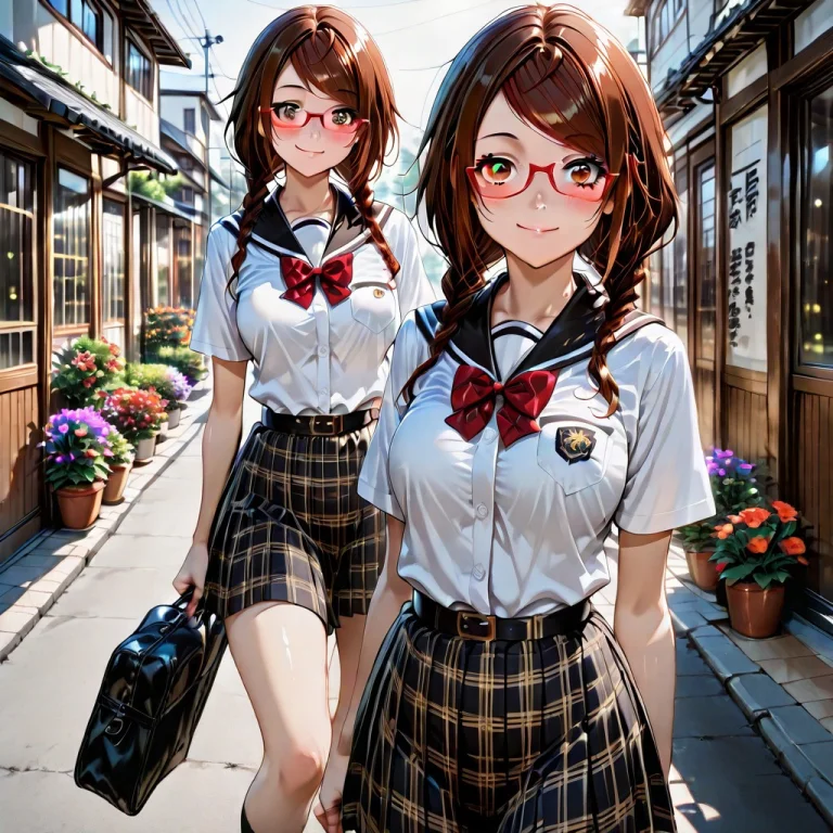 Misakisakimiya,1girl,brown Hair, Red Glasses, Golden Eyes, S...