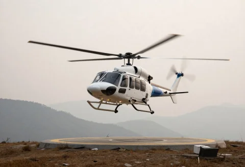 Helicopter Mountain Lift Off — Stable Diffusion AI Prompt: a helicopter lifting off from a mountain pad, misty light, diagonal composition,...