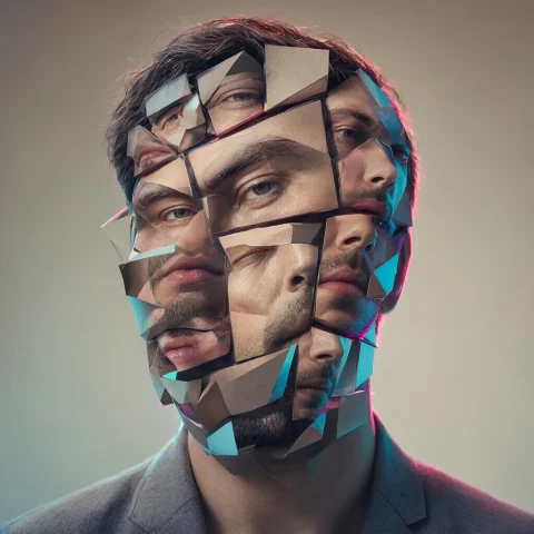 A Surreal Portrait Of A 30-year-old European Man, Face Fragm... — Stable Diffusion AI Prompt: A surreal portrait of a 30-year-old European man, face fragmented into floating...