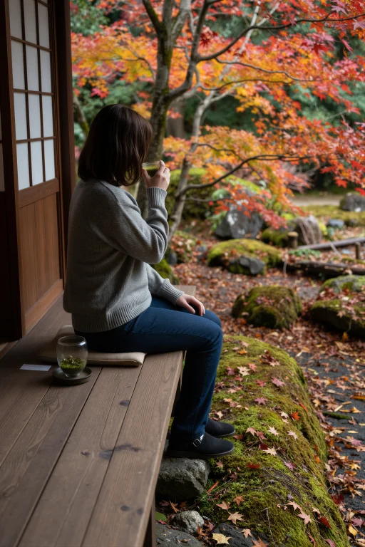 A Woman Sits On The Wooden Veranda Of A Ryokan Overlooking A...
