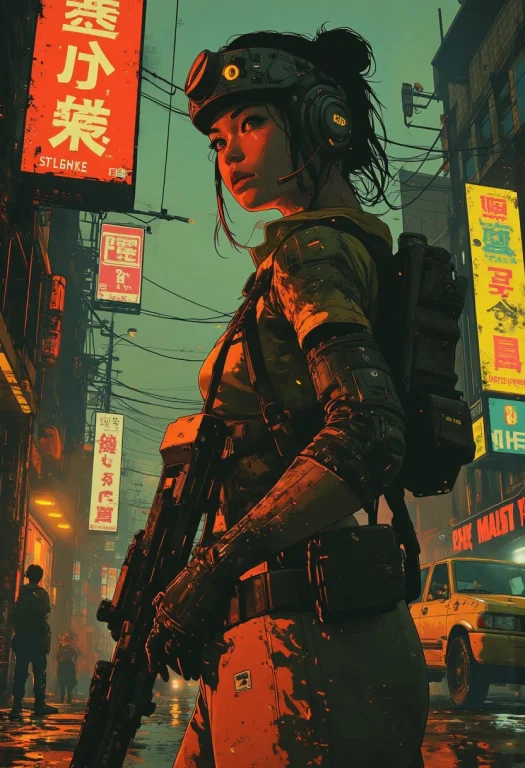 Cyberpunk Anime, Stunning Japanese Woman Wearing Red And Bla...