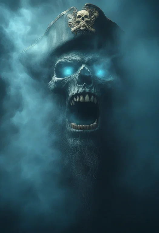 A Skeleton Pirate With Glowing Eyes Wearing A Captains Hat,...