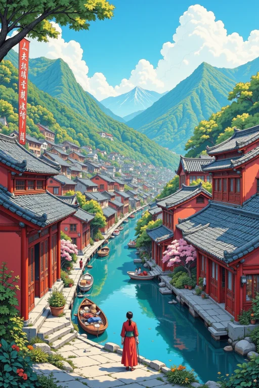Chinese Town Beautiful Anime Landscape, Noon, Woman, Very In...