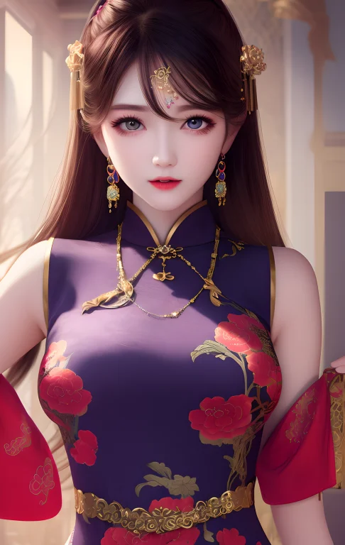 1girl, Longhair, Solo, Upperbody, China Dress,dress,hair Orn...