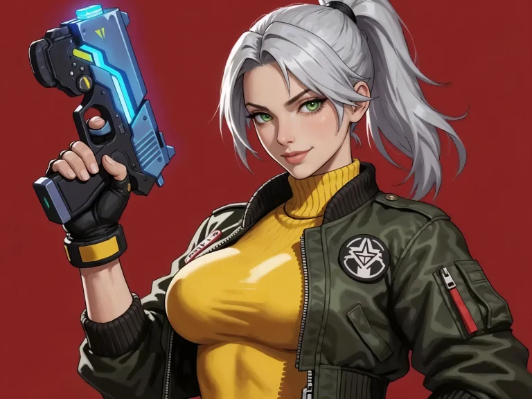 Silver-haired Woman In Yellow Turtleneck Green Bomber Jacket...
