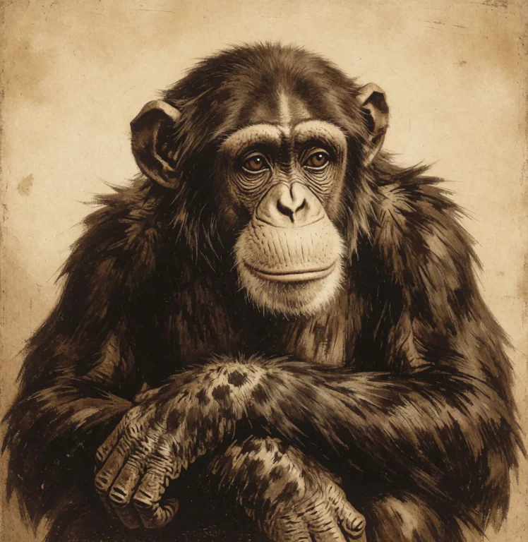 Painting Of A Contemplative Chimpanzee Rendered In A Vintage...