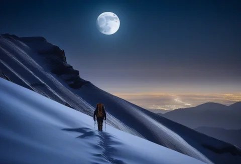 Snowy Mountain Silhouette Free Prompt — SDXL AI Prompt: a mountaineer silhouetted on a snowy ridge, cold moonlit tones, shallow depth of...