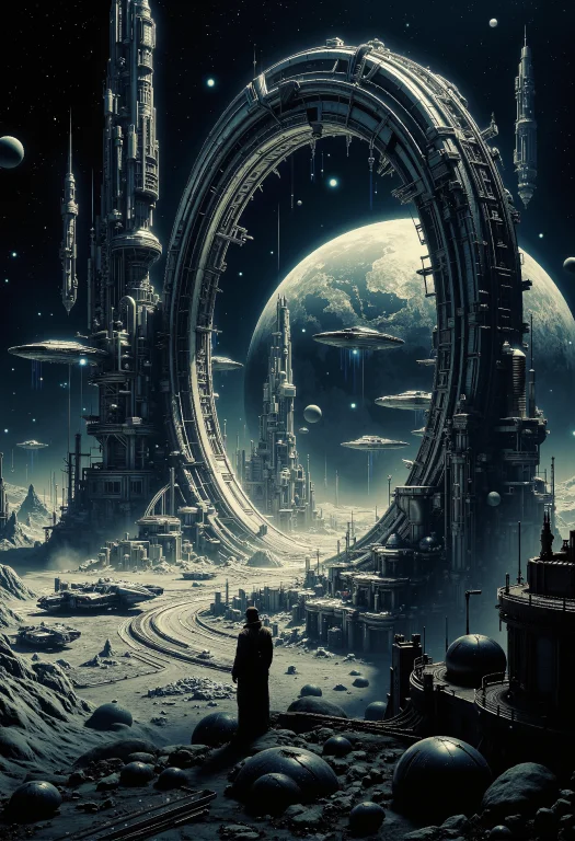 A Massive Sci-fi Stargate Towers Over The Barren Landscape O...