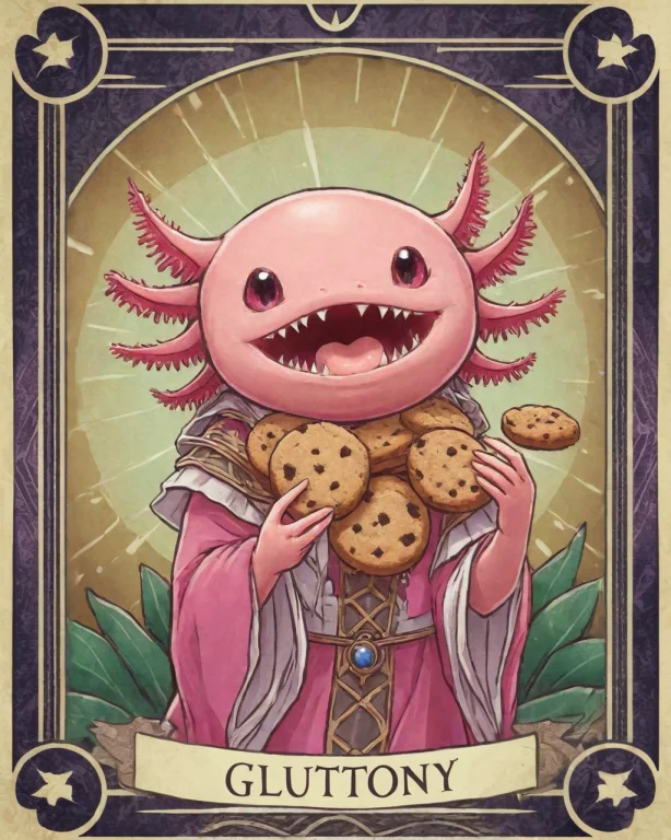 Tarot Card Style, Axolotl Eating A Large Amount Of Cookies,...