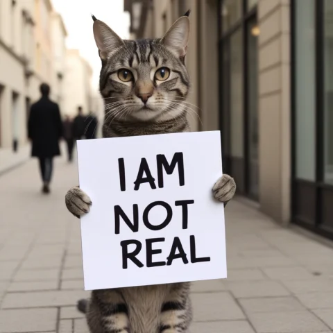 Cat Holding A Sign With Texti Am Not Real Loratext.8 — Stable Diffusion AI Prompt: cat holding a sign with text:"i am not real" 