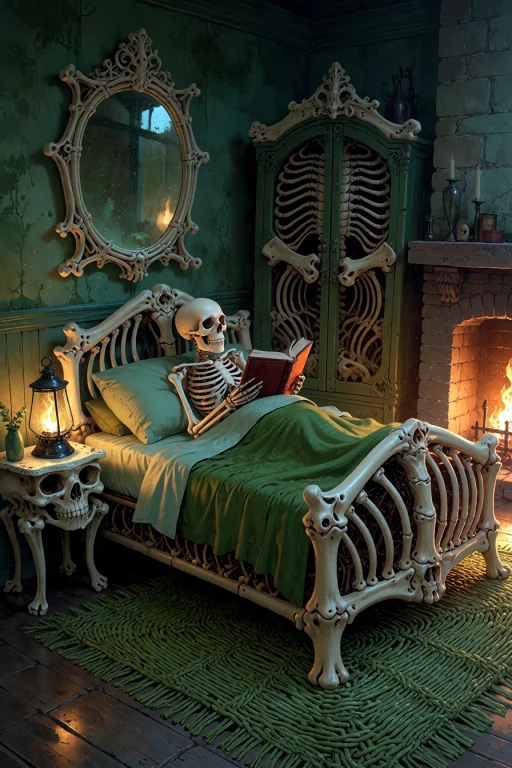 , Boneswm, A Cozy Bedroom With A Bed Of A Curved Rib-cage Fr...