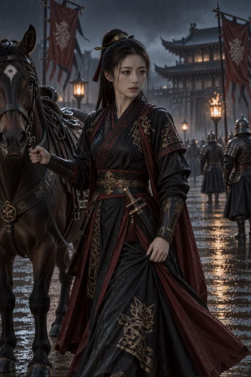 武士装，雨夜城门外，一名年轻中国女子穿黑红劲装握住缰绳站在马...