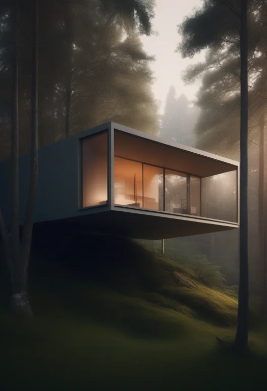 A Minimalist House Cantilevered Over A Forest, Spotlight, Sh...