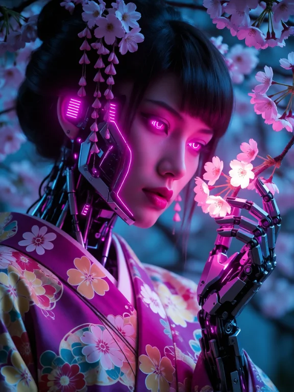 This Digital Artwork Depicts A Futuristic, Cybernetic Asian...