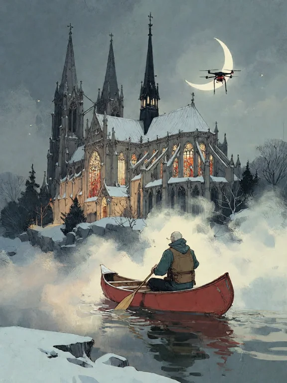 Bradhamel Art Style. A Lone Figure In A Red Canoe Paddles Si...