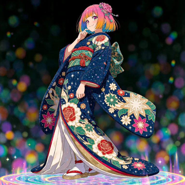 1girl, Wearing Intricate Kimono, ,crystal, Star, Multicolore...