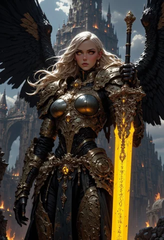 This High-quality Digital Artwork Depicts A Fierce, Armored... — FLUX AI Prompt: This high-quality digital artwork depicts a fierce, armored female warrior angel...