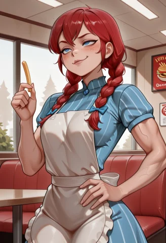 Aesthetic Muscular Female in Fast Food — Stable Diffusion AI Prompt: masterpiece, best quality, absurdres, very aesthetic, 8k, score_7, 1girl solo, m...