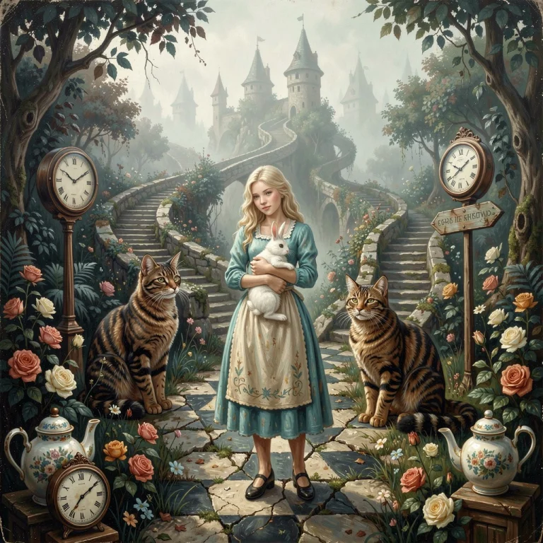 A Surreal Wonderland Garden Theme With A Young Blonde Woman...