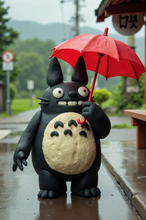 Image Of Totoro Made Of Clay Holding A Red Umbrella Next To...