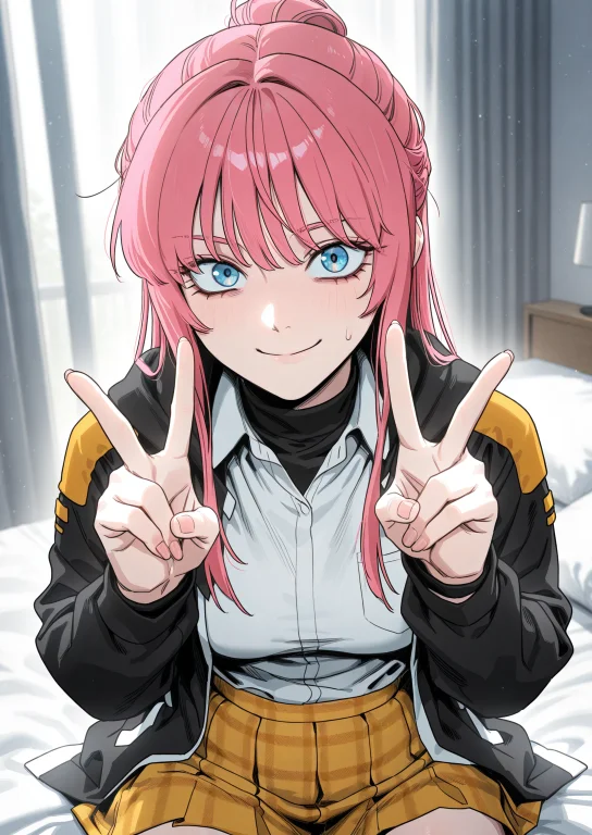 1girl, Solo, Bedroom, V-sign, Looking At Viewer, Smile, Clos...