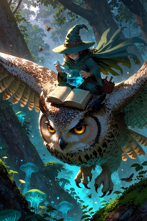 , Wizard Riding A Giant Owl Through A Twilight Forest Canopy...
