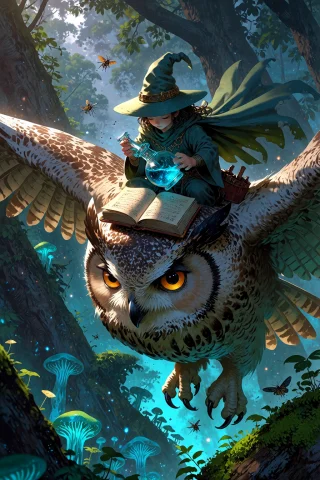 Magical Wizard Owl Journey Prompt — Stable Diffusion AI Prompt: , Wizard riding a giant owl through a twilight forest canopy leaves and insects...