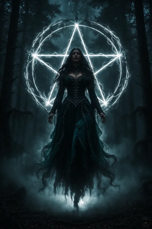 A Pale Dark Sorceress Levitating In A Deep Forest At Night,...