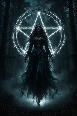 A Pale Dark Sorceress Levitating In A Deep Forest At Night,... — SDXL AI Prompt: A pale dark sorceress levitating in a deep forest at night, full body centered v...