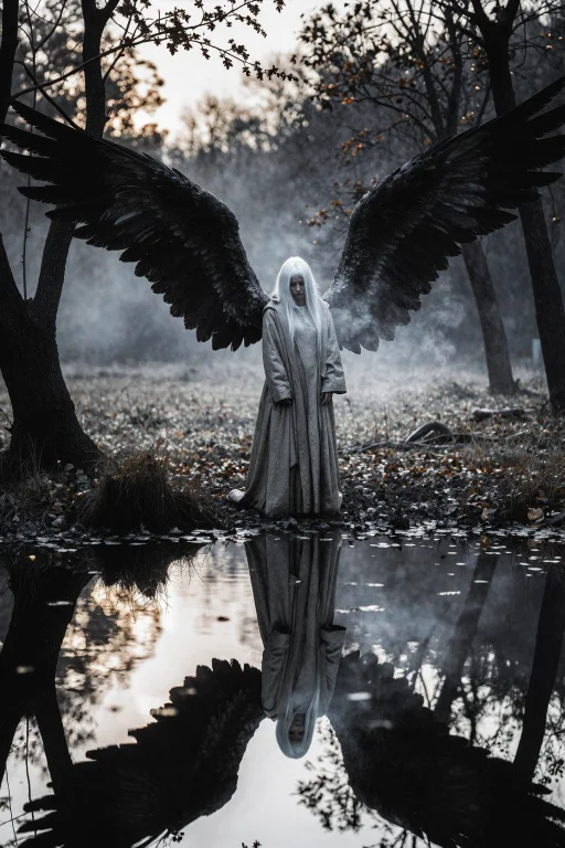 Dystopian Style Of A Female Angel With Wings. Her White Hair...