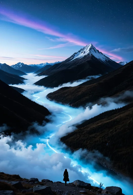 Deep Valley Filled With Thick Fog. Soft Purple And Blue Glow...