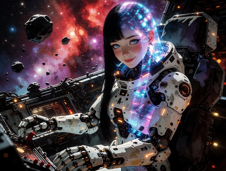 1girl, Woman, Adult Focus, A Female Cyborg Sitting In The Pi...