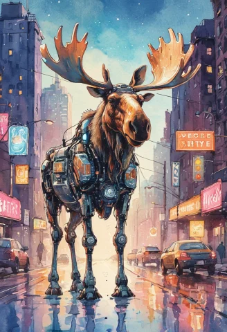 Watercolor Illustration Of A Moose, Robot City With Neon Sig... — SDXL AI Prompt: Watercolor illustration of a Moose, robot city with neon signs, whimsical elemen...